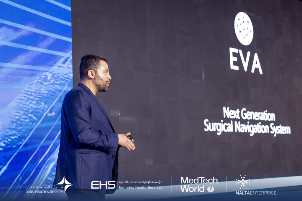 Dr. Anas Obeidat during the startup pitch competition at MedTech World Dubai 2025