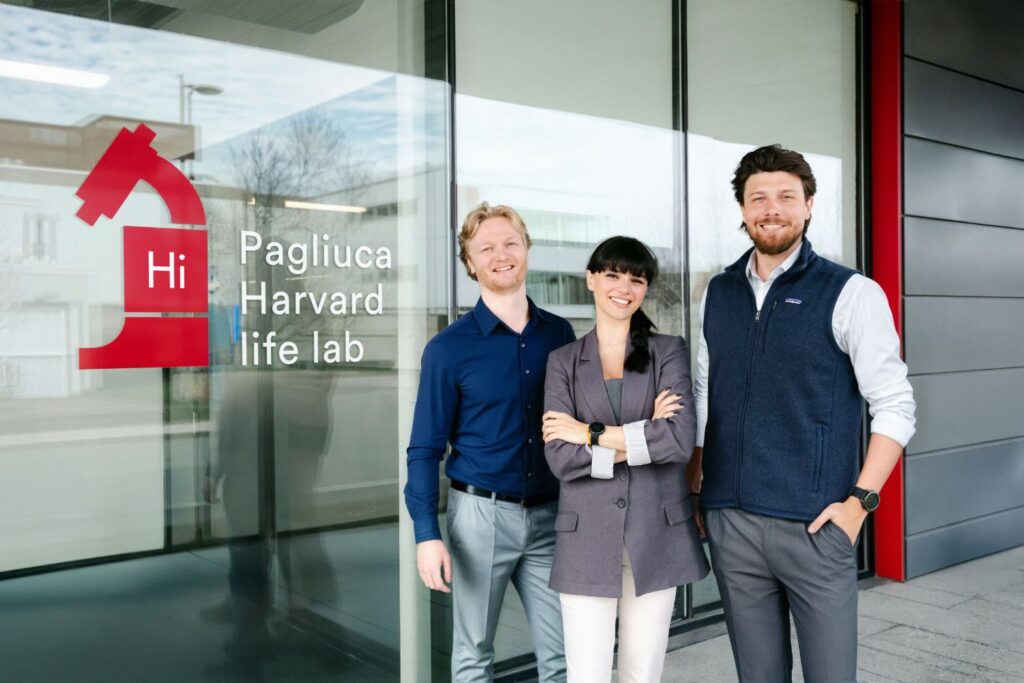 Loup Cordey, Jeyla Sadikova, and Michel Bielecki in front of the Harvard Pagliuca Life Lab