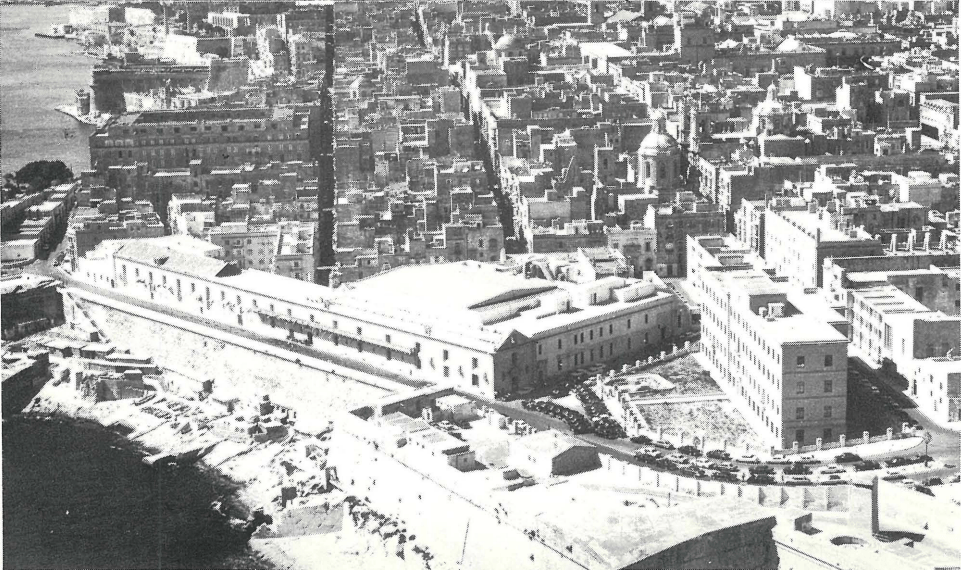 Bird's eye view of the Holy Infirmary, now the Mediterranean Conference Centre, following its restoration in 1979, with Valletta in the background; Source: Cassar, P. (1983). From the Holy Infirmary of the Knights of St. John to the Mediterranean Congress Centre at Valletta. Malta :s.n.