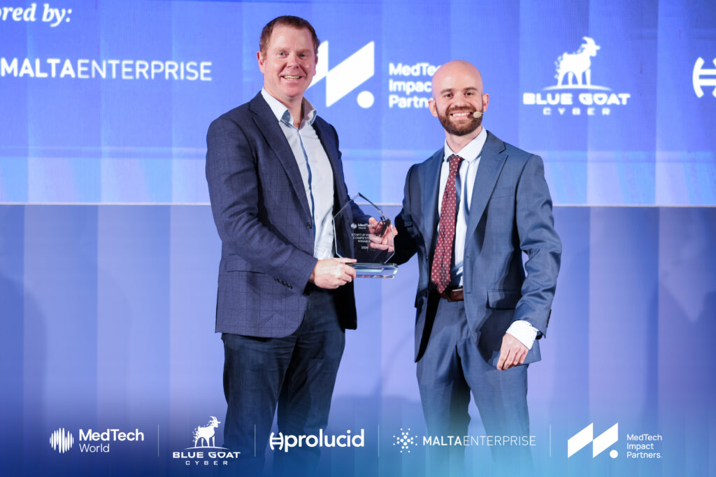 Eddie McDaid, CEO and Co-founder of Galenband, receiving the MedTech World Startup Pitch Competition Award with Dr. Miguel Fenech, Business Development Manager at MedTech Malta 2025