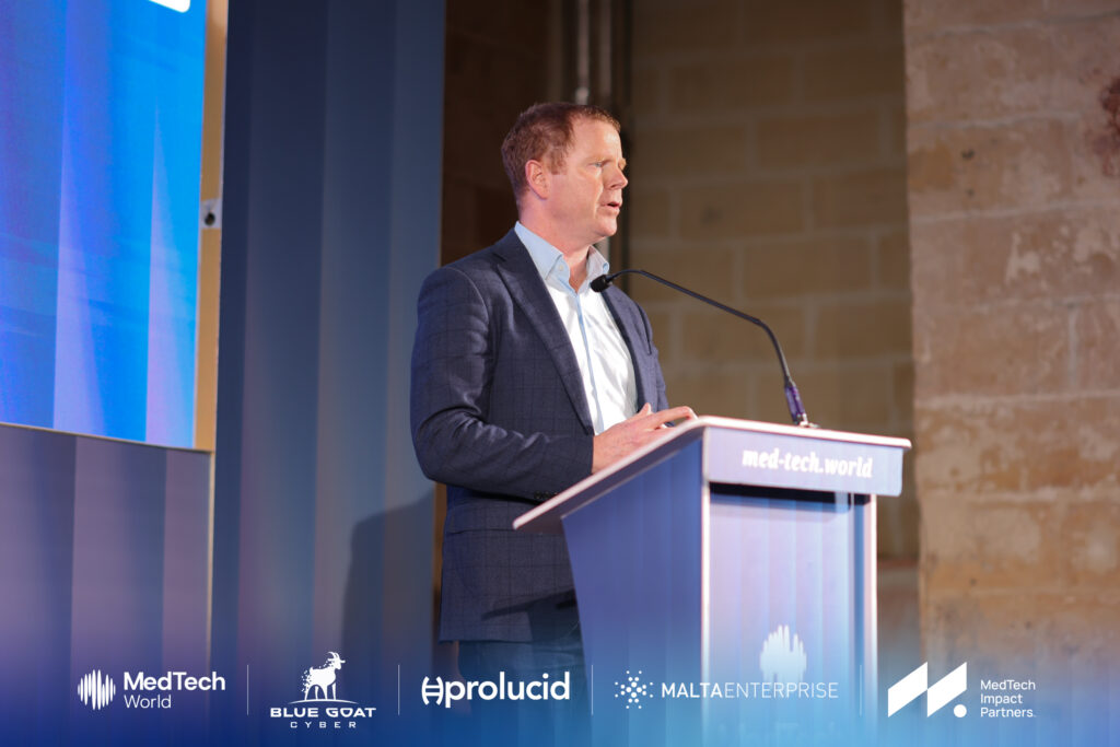 Eddie McDaid, Co-Founder and CEO of Galenband, pitching on stage at MedTech Malta 2025