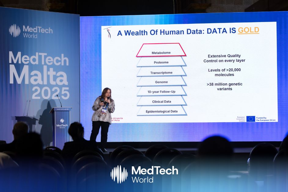 Professor Stephanie Bezzina Wettinger presenting on stage at MedTech Malta 2025