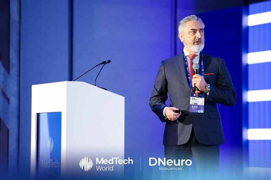 Dr. Agim Beshri, Chief Medical Officer at DNeuro Biosciences, during the company showcase at MedTech World Middle East | Dubai 2026 