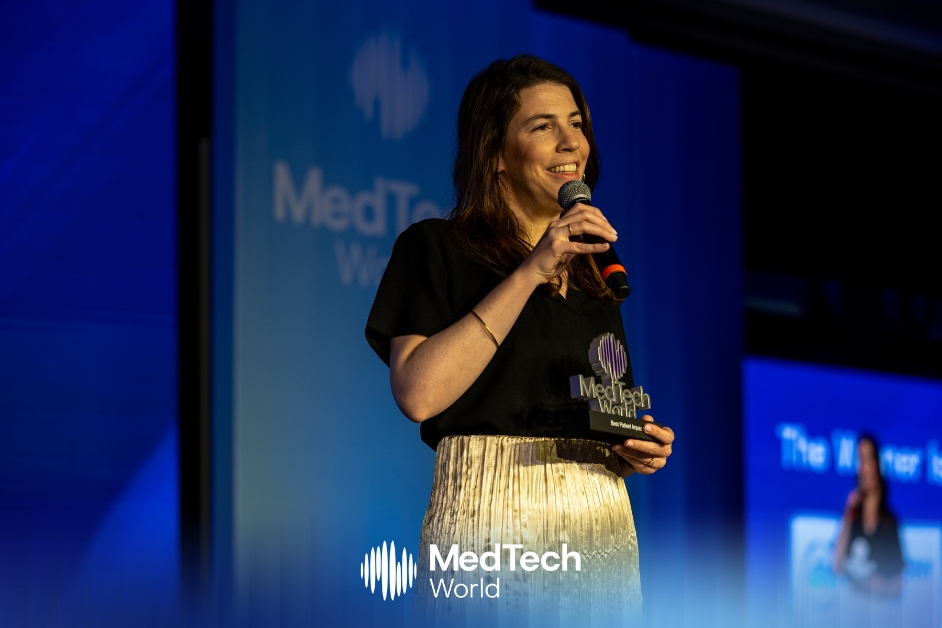 Anat Shani, CEO of Synchrony Medical, on stage after receiving the award for ‘Best Patient Impact of the Year’ at MedTech World Middle East 2026